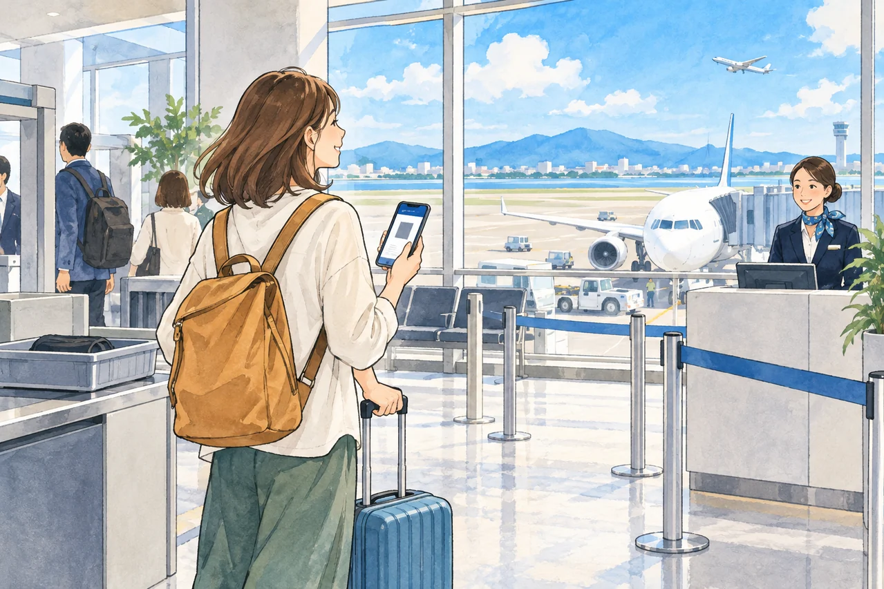 青いスーツケースを持つ旅行者がスマートフォンの搭乗券を確認し、空港の窓の向こうに飛行機が見える水彩イラスト
