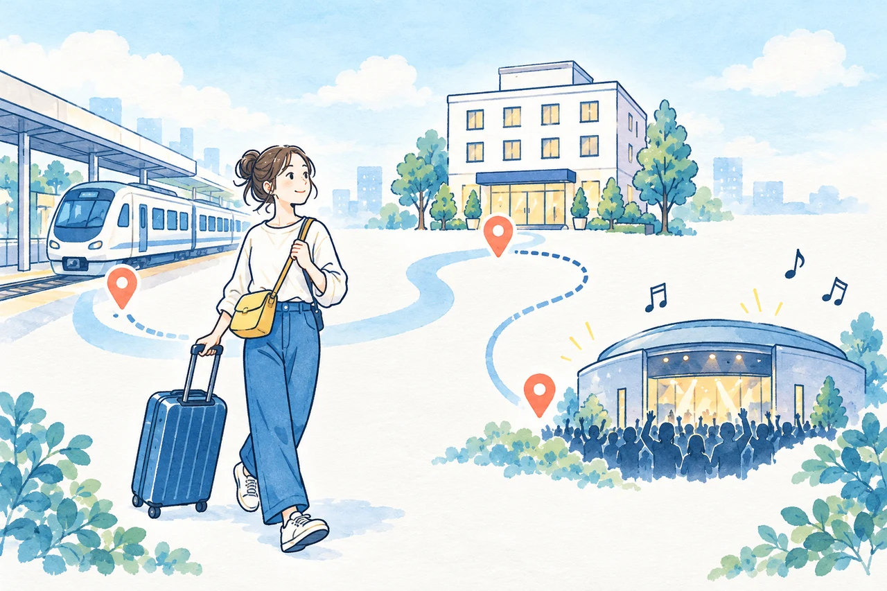 旅行者が電車、ホテル、ライブ会場を巡る旅を描いたイラスト