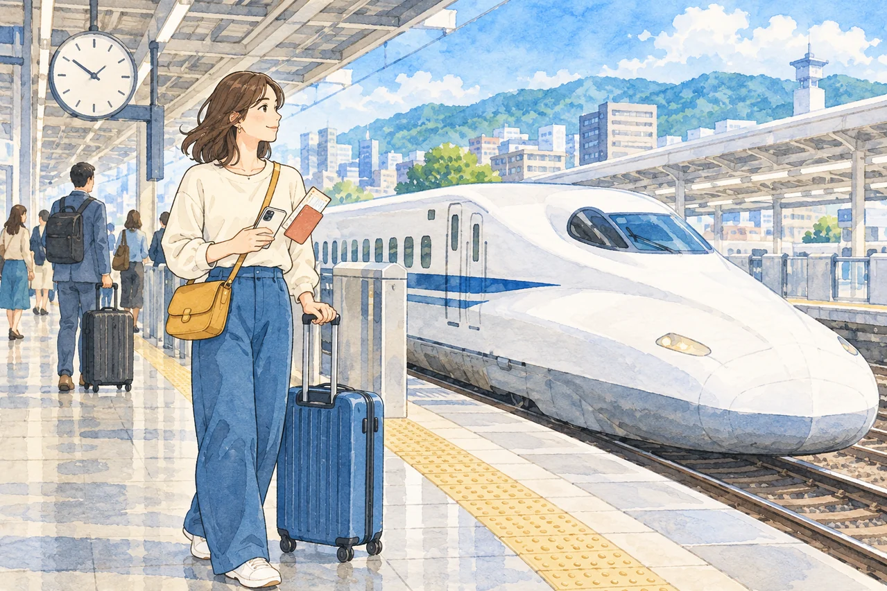 スマートフォンときっぷを持った旅行者が、青いスーツケースと一緒に新幹線のホームで待つ水彩イラスト