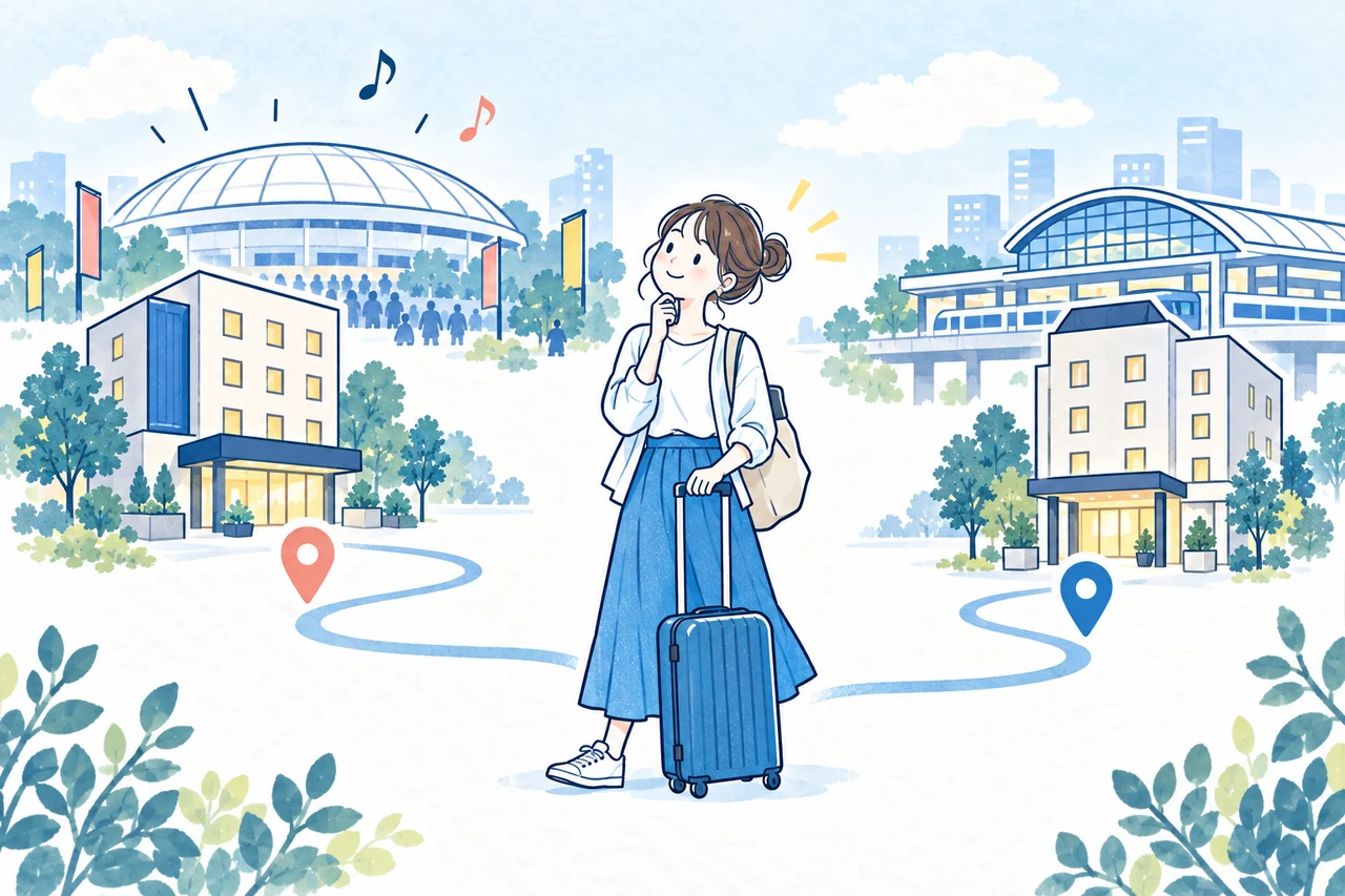 ライブ会場の近くと駅の近くのホテルを比べる、スーツケースを持った旅行者のイラスト