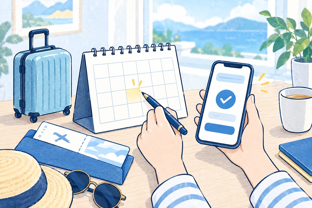 カレンダー、ホテル予約を確認するスマートフォン、チケットの封筒とスーツケースのイラスト