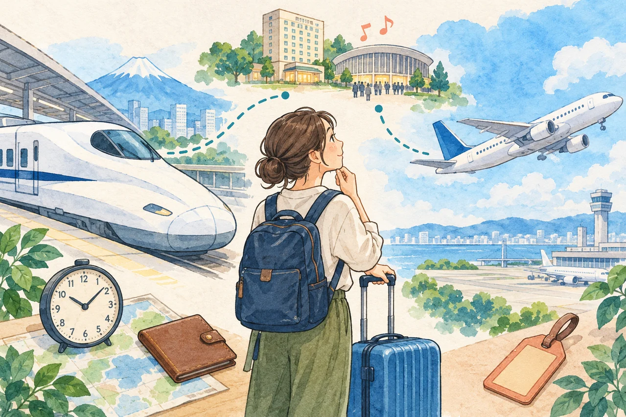 旅行者が新幹線と飛行機を比較し、時計や財布とともにホテルとライブ会場へつながる道が描かれた水彩イラスト